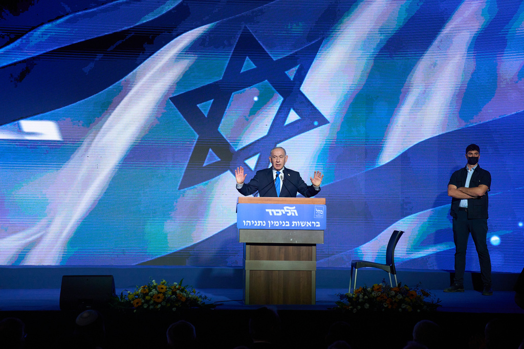 Israeli Prime Minister Benjamin Netanyahu speaks at his Likud party New Year event in Tel Aviv, Israel, Thursday, Sept. 17, 2026. (AP Photo/Ariel Schalit)