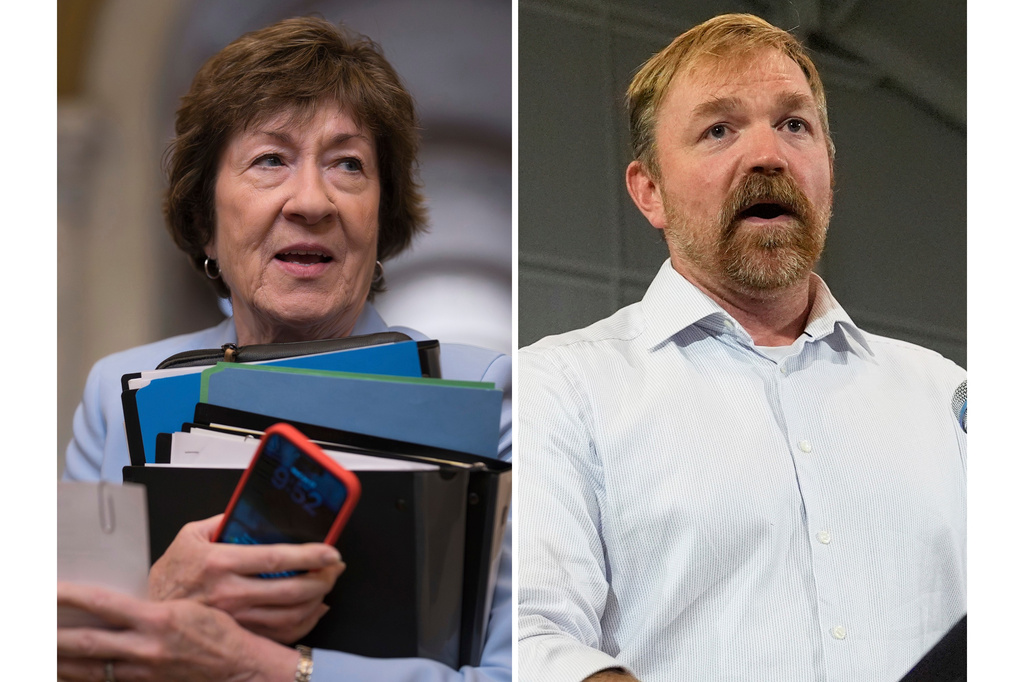 At left, Sen. Susan Collins, R-Maine, in Washington, June 17, 2026, and at right, Democratic Senate candidate Graham Platner speaks June 9, 2026, in Blue Hill, Maine. (AP Photo/J. Scott Applewhite and) Robert F. Bukaty