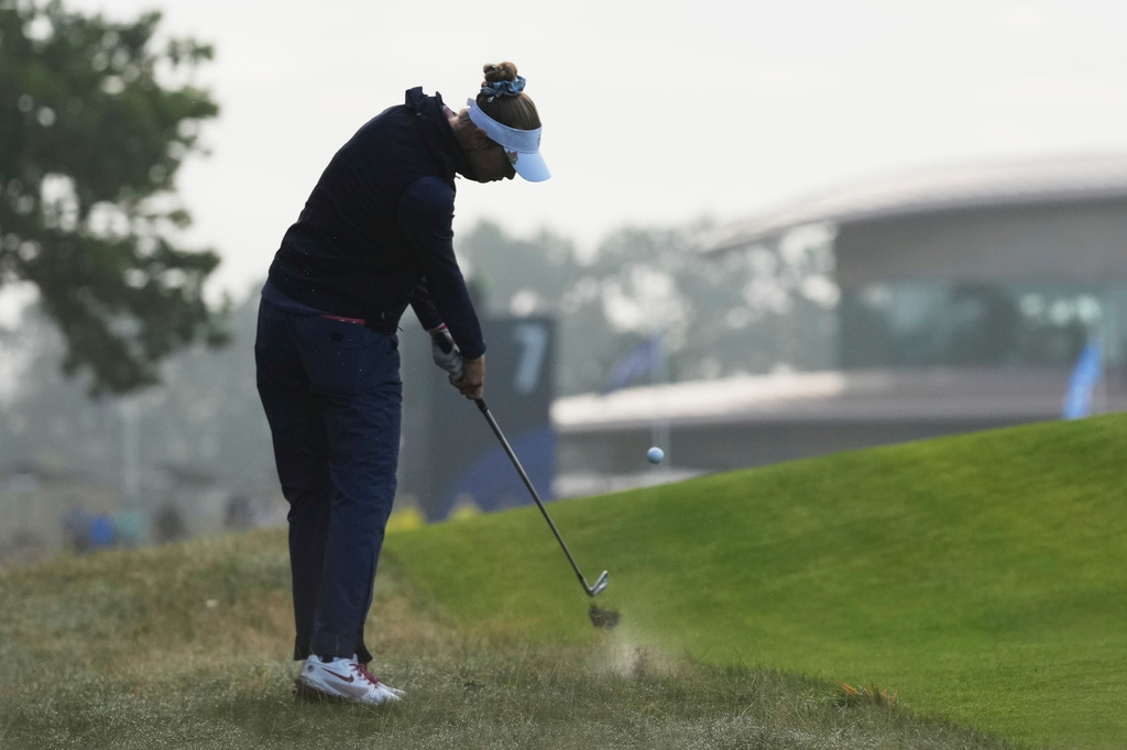 Nelly Korda of the United States hist into the seventh green during the Solheim Cup at the Bernardus Golf course in Den Bosch, Netherlands, Saturday, Sept. 12, 2026. (AP Photo/Alastair Grant)