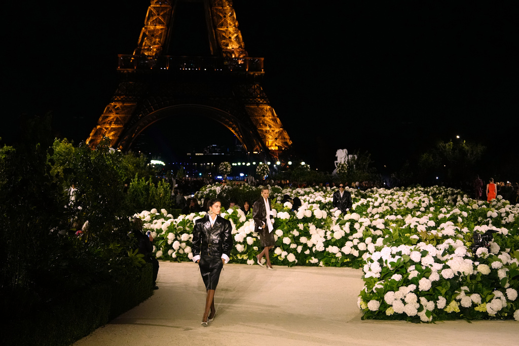 A model wears a creation as part of the Saint Laurent Spring/Summer 2026 collection presented in Paris, Monday, Sept. 29, 2025. (AP Photo/Aurelien Morissard)