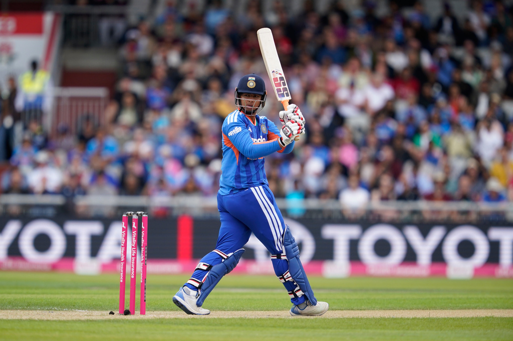 India's Vaibhav Sooryavanshi plays a shot during the second T20 cricket match between England and India in Manchester, England, Saturday, July 4, 2026. (AP Photo/Dave Thompson)