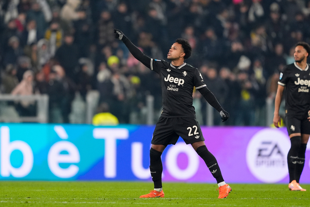 Juventus' Weston McKennie celebrates scoring during the Serie A soccer match between Juventus and Lecce in Turin, Italy, Saturday Jan. 3, 2026. (Fabio Ferrari/LaPresse via AP)
