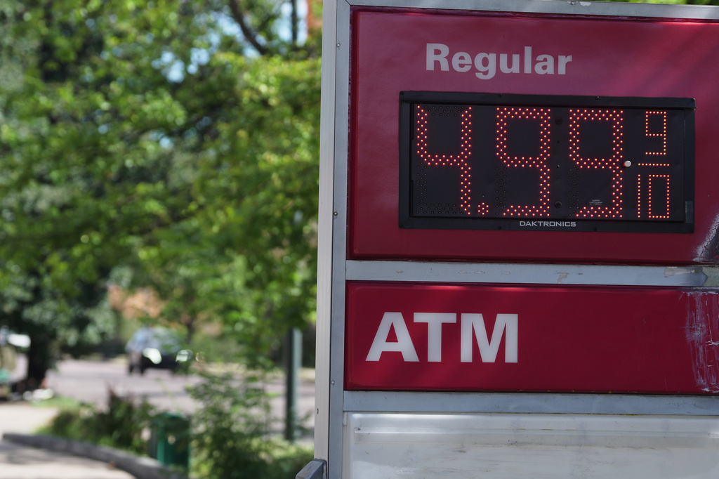 The per-gallon price for regular unleaded fuel is displayed electronically on a sign outside a Conoco gasoline station Wednesday, Sept. 9, 2026, in Denver. (AP Photo/David Zalubowski)