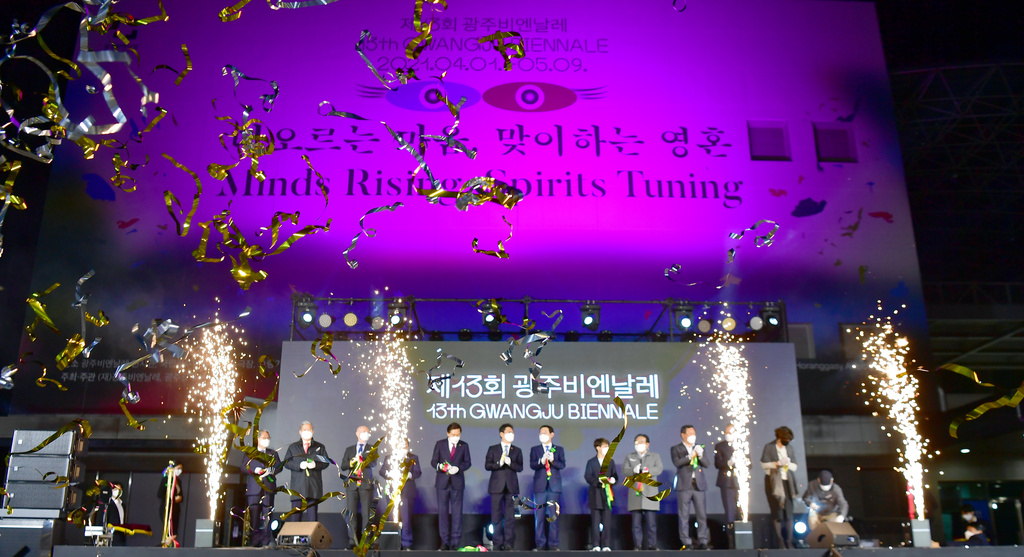 Attendees participate in the opening ceremony of the Gwangju Biennale in Gwangju, South Korea, on March 31, 2021.(Ryu Hyung-geun/Newsis via AP)