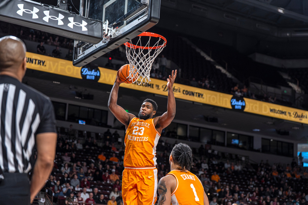 Tennessee forward Jaylen Carey (23) grabs a rebound during the first half of an NCAA college basketball game against South Carolina, Tuesday, March 3, 2026, in Columbia, S.C. (AP Photo/David Yeazell)
