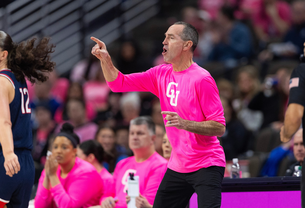 Creighton coach Jim Flanery yells to his team as they play against UConn during the first half of an NCAA college basketball game Sunday, Jan. 11, 2026, in Omaha, Neb. (AP Photo/Rebecca S. Gratz)