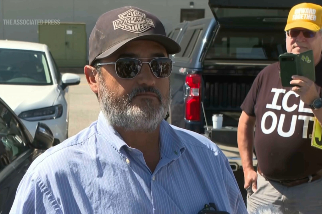 This image made from KAKE video, former Coldwater Mayor Joe Ceballos speaks to reporters outside a U.S. Immigration and Customs Enforcement office in Wichita, Kansas, Wednesday, May 13, 2026. (KAKE via AP)