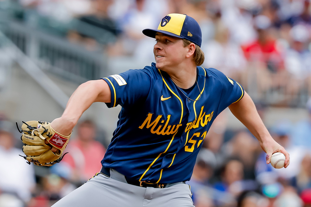 Milwaukee Brewers pitcher Kyle Harrison delivers to an Atlanta Braves batter during the first inning of a baseball game, Saturday, June 20, 2026, in Atlanta. (AP Photo/Erik S. Lesser)