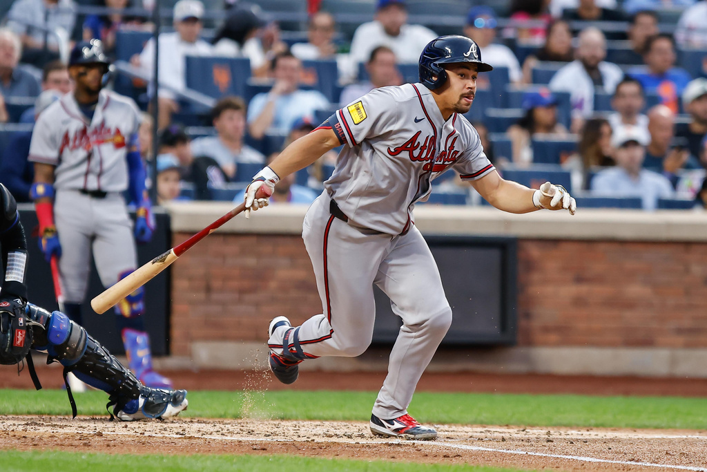 Atlanta Braves' Drake Baldwin runs to first base during the third inning of a baseball game against the New York Mets Wednesday, July 29, 2026, in New York (AP Photo/Eduardo Munoz Alvarez)