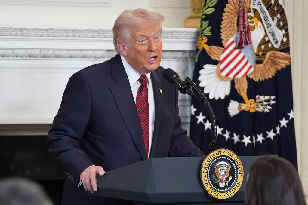 President Donald Trump speaks during a breakfast with Senate and House Republicans in the State Dining Room of the White House, Wednesday, Nov. 5, 2025, in Washington. (AP Photo/Evan Vucci)