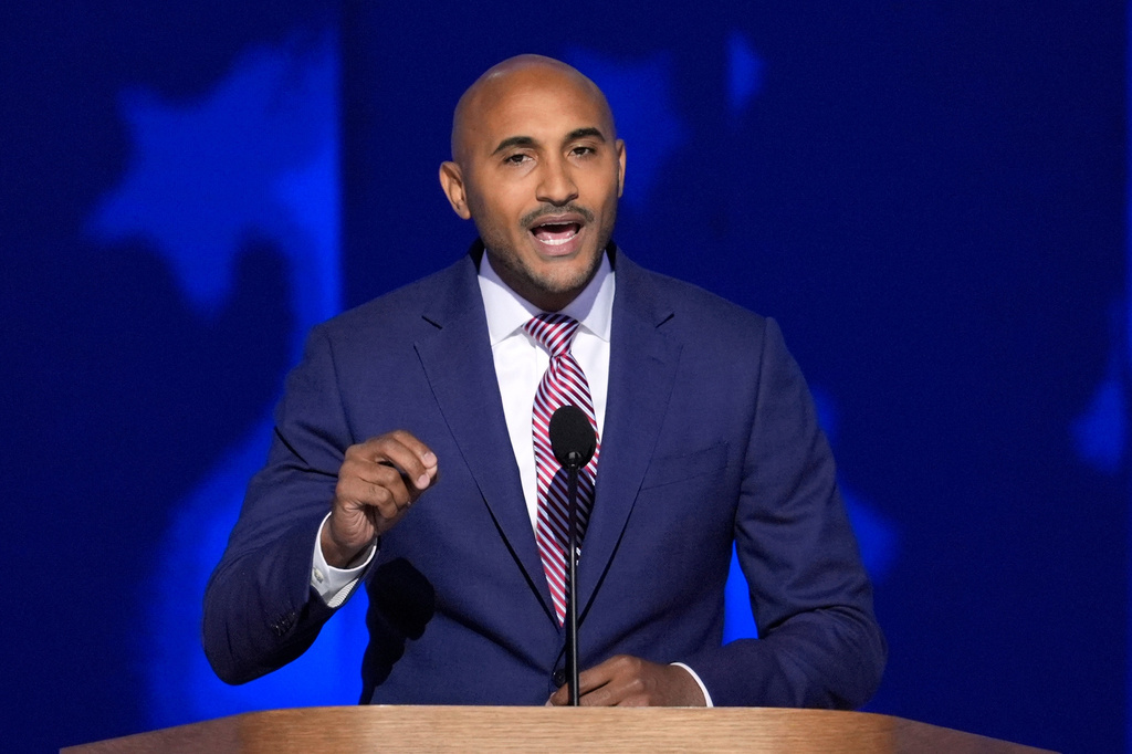FILE - Shomari Figures, who is running for Alabama's 2nd Congressional District, speaks during the Democratic National Convention, Aug. 22, 2024, in Chicago. (AP Photo/J. Scott Applewhite, File)