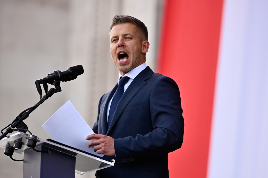 Hungarian Prime Minister Peter Magyar delivers his speech in front of the Hungarian Parliament, after taking his oath of office in Budapest, Hungary, Saturday, May 9, 2026. (AP Photo/Denes Erdos)