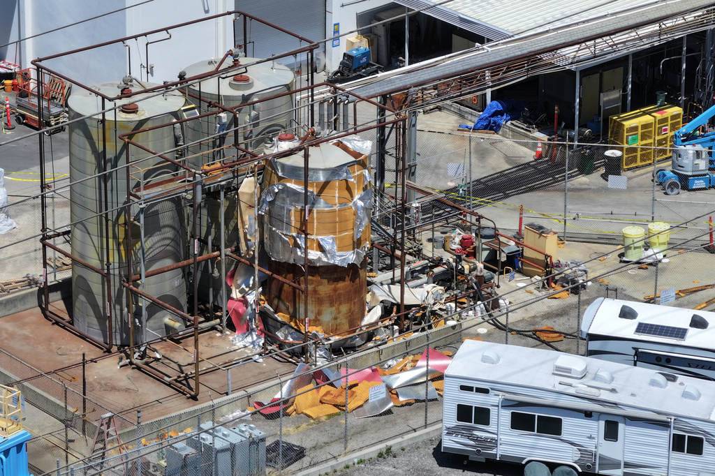 Ariel view of the chemical tank at GKN Aerospace in Garden Grove, Calif. on Wednesday, June 10, 2026. (AP Photo/William Liang)
