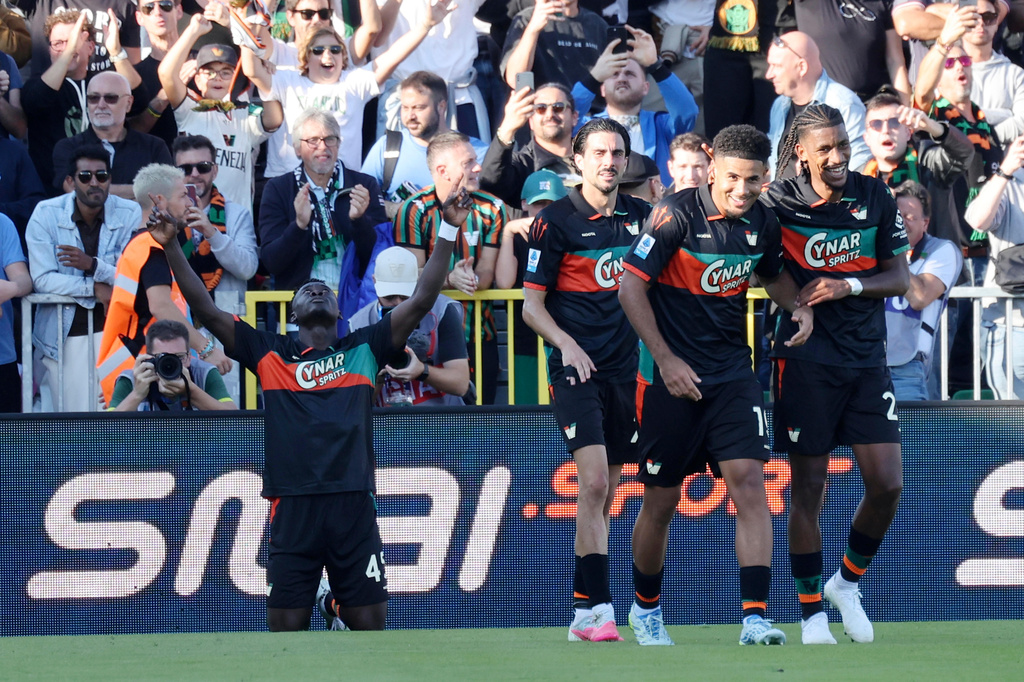 Venezia's Akor Adams celebrates after scoring during the Italian Serie A soccer match between Venezia FC and Napoli in Venice, Italy, Saturday, Oct. 17, 2026. (Paola Garbuio/LaPresse via AP)
