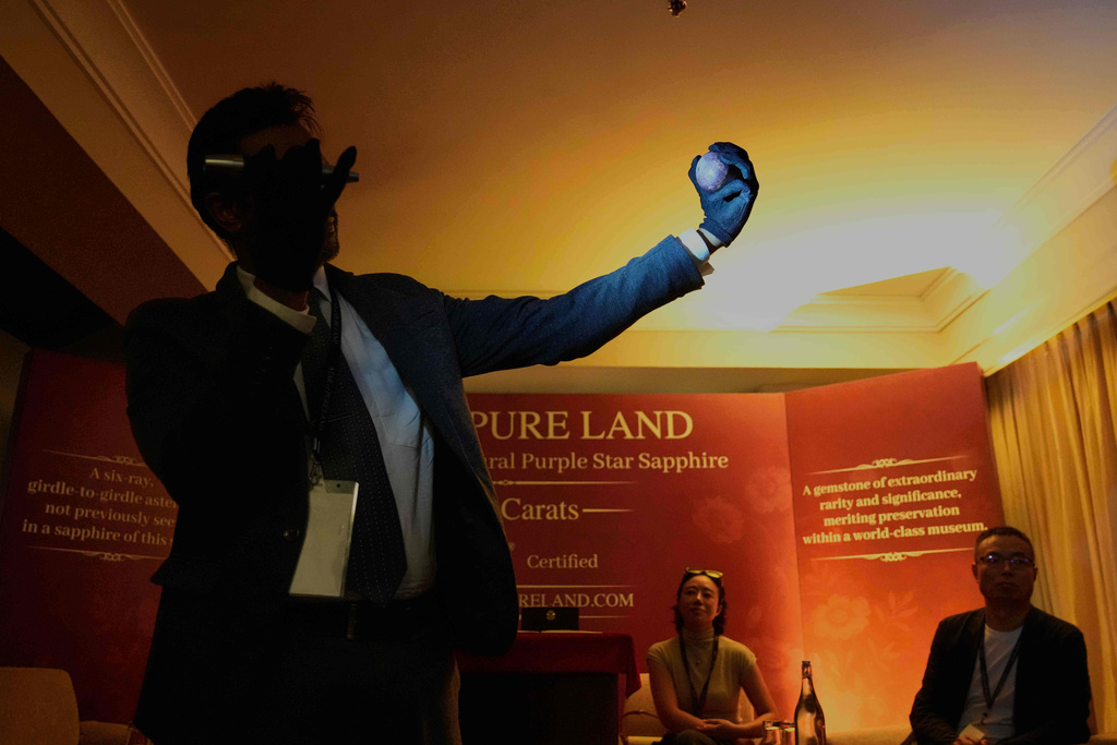 Gemologist Ashan Amarasinghe holds what is said to be the world's largest purple star sapphire at a ceremony in Colombo, Sri Lanka, Saturday, Jan. 17, 2026. (AP Photo/Eranga Jayawardena)