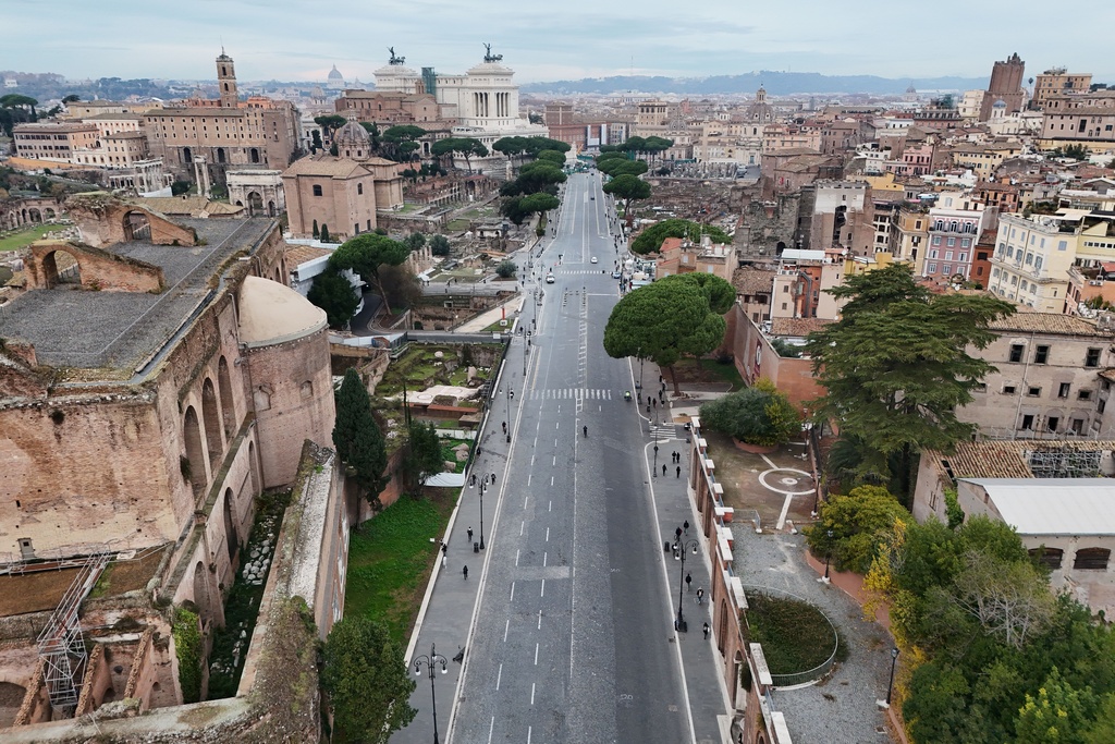 An aerial view of the Roman Forum, left, and Rome's city center, Thursday, Dec. 4, 2025. (AP Photo/Andrew Medichini)