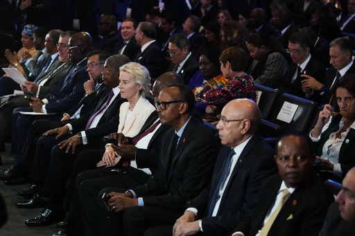 European Commission President Ursula von der Leyen, center, sits with other world leaders during the Global Gateway Forum in Brussels, Thursday, Oct. 9, 2025. (AP Photo/Virginia Mayo) European Commission President Ursula von der Leyen, center, sits with other world leaders during the Global Gateway Forum in Brussels, Thursday, Oct. 9, 2025. (AP Photo/Virginia Mayo)
