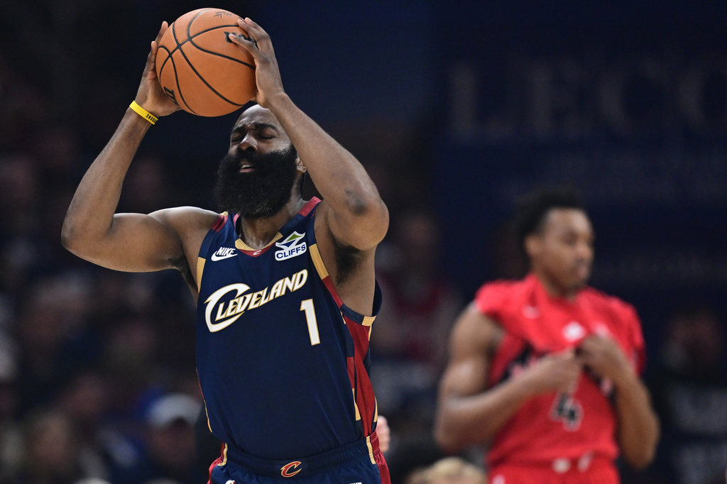 Cleveland Cavaliers guard James Harden reacts after being called for a foul during the first half in Game 1 of a first-round NBA playoffs basketball series against the Toronto Raptors, Saturday, April 18, 2026, In Cleveland. (AP Photo/David Dermer)