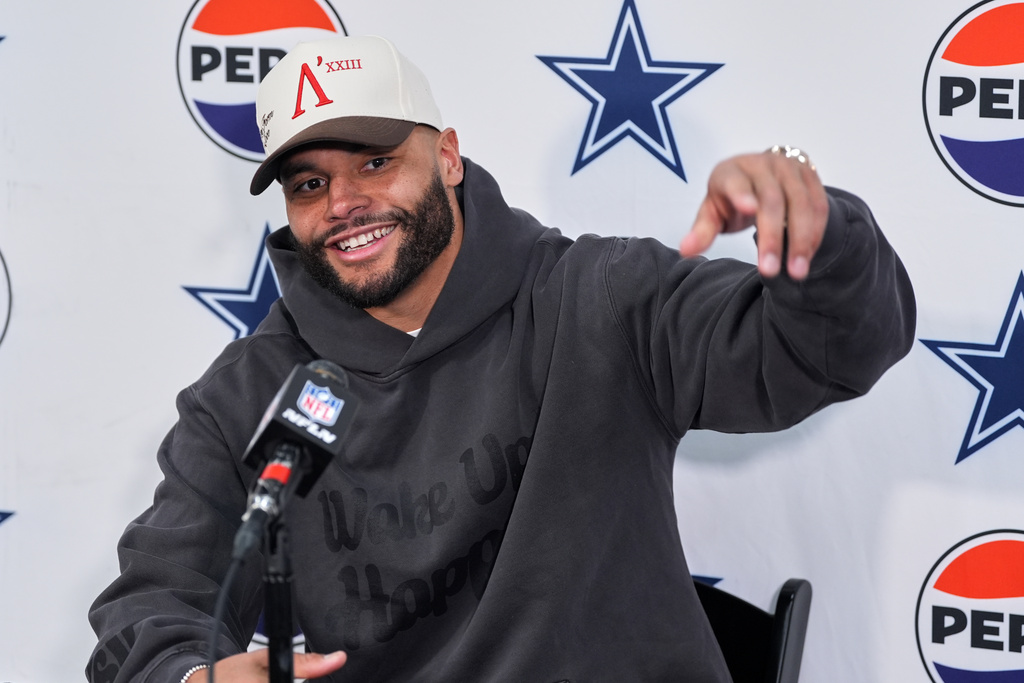 Dallas Cowboys quarterback Dak Prescott speaks during a news conference following an NFL football game against the Washington Commanders Thursday, Dec. 25, 2025, in Landover, Md. (AP Photo/Stephanie Scarbrough)