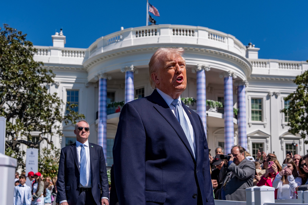 President Donald Trump speaks to the crowd during the White House Easter Egg Roll on the South Lawn of the White House, Monday, April 6, 2026, in Washington. (AP Photo/Alex Brandon)