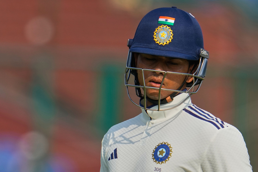 India's Yashasvi Jaiswal walks off the field after losing his wicket on the second day of the second cricket test match between India and West Indies at the Arun Jaitley Stadium in New Delhi, India, Saturday, Oct.11, 2025. (AP Photo/Manish Swarup)