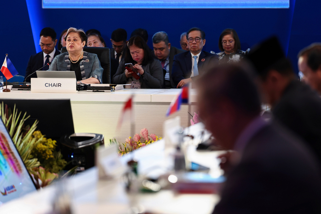 Philippine Foreign Secretary Theresa Lazaro, top left, delivers her opening statement during the Association of Southeast Asian Nations (ASEAN) Foreign Ministers' Meeting ahead of the 48th ASEAN Summit and Related Meetings in Cebu, Philippines, Thursday, May 7, 2026. (Eloisa Lopez/Pool Photo via AP)