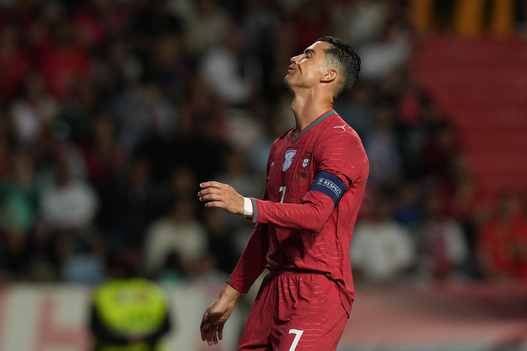 Portugal's Cristiano Ronaldo reacts during an international friendly soccer match between Portugal and Nigeria in Leiria, Portugal, Wednesday, June 10, 2026. (AP Photo/Armando Franca)