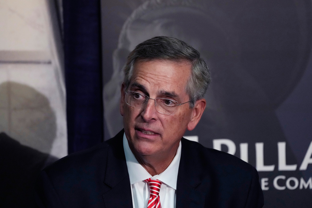 FILE - Georgia Secretary of State Brad Raffensperger participates during an election forum, Thursday, Sept. 19, 2024, in Ann Arbor, Mich. (AP Photo/Carlos Osorio, File)