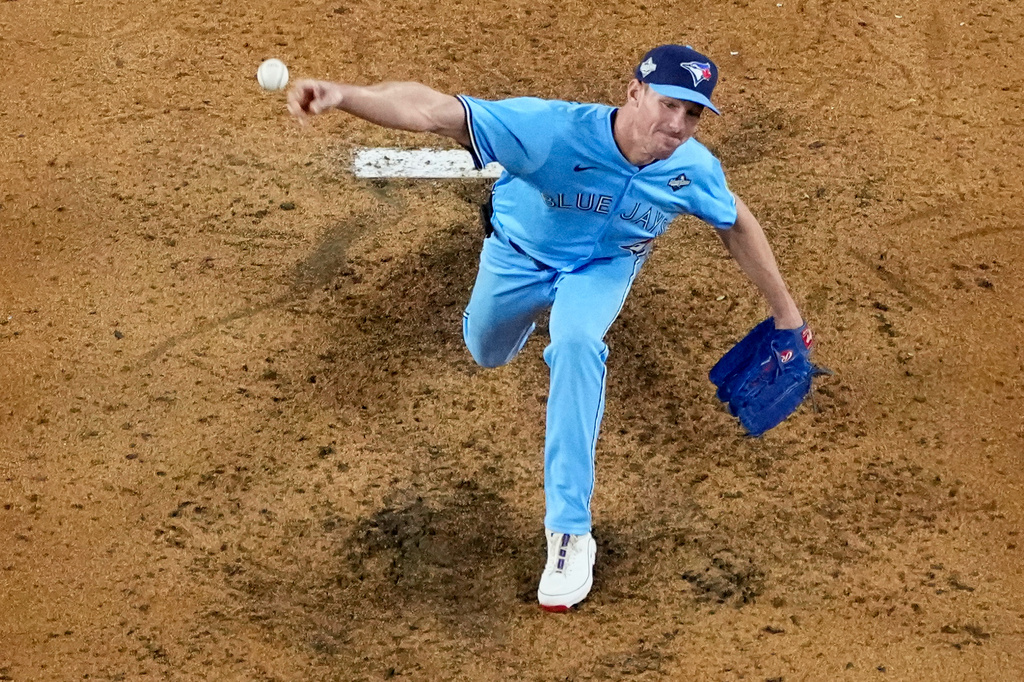 FILE - Toronto Blue Jays pitcher Chris Bassitt throws against the Los Angeles Dodgers during the seventh inning in Game 4 of baseball's World Series, Oct. 28, 2025, in Los Angeles. (AP Photo/Brynn Anderson, File)