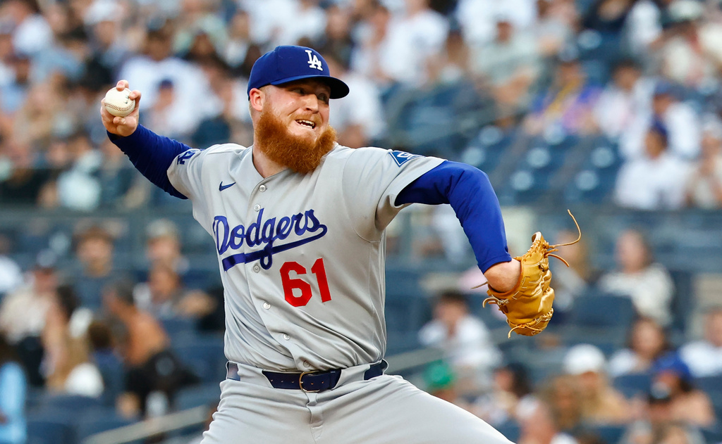 Los Angeles Dodgers pitcher Will Klein throws against the New York Yankees during the first inning of the second game of a baseball doubleheader, Sunday, July 19, 2026 in New York. (AP Photo/Noah K. Murray)