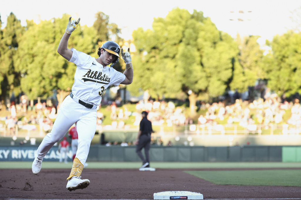 Athletics' Colby Thomas runs the bases after hitting a two-run home run during the first inning of a baseball game against the Los Angeles Angels, Saturday, Aug. 16, 2025, in West Sacramento, Calif. (AP Photo/Sara Nevis)