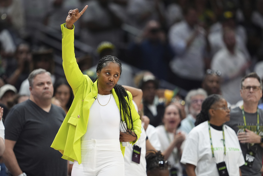 Seattle Storm head coach Noelle Quinn reacts on the sideline during the second half of Game 2 against the Las Vegas Aces in the first round of the WNBA basketball playoffs Tuesday, Sept. 16, 2025, in Seattle. (AP Photo/Lindsey Wasson)