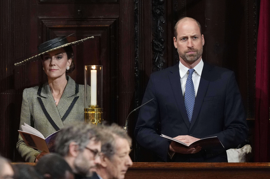 Britain's Princess Kate and Prince William during the Enthronement Ceremony installing Dame Sarah Mullally as the 106th Archbishop of Canterbury, at Canterbury Cathedral, England, Wednesday March 25, 2026. (Jordan Pettitt, Pool Photo via AP)