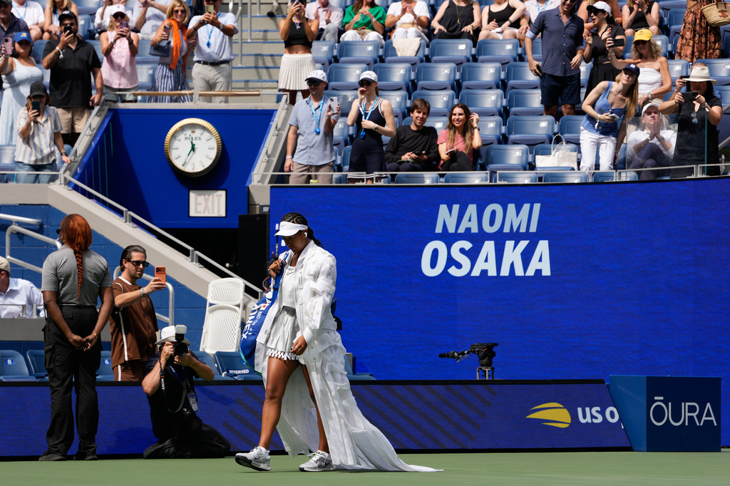 Naomi Osaka, of Japan, arrives ahead of a match against Katerina Siniakova, of the Czech Republic, during the second round of the U.S. Open tennis championships Thursday, Sept. 3, 2026, in New York. (AP Photo/Seth Wenig)