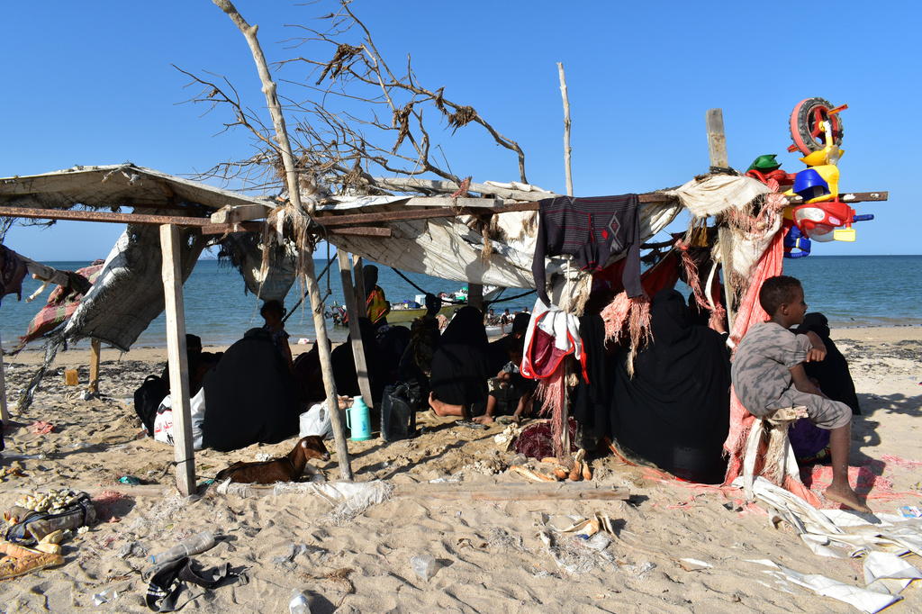 This photo released by the International Organization for Migration (IOM), shows displaced Yemenis in Obock, Djibouti, after they crossed the Bab el-Mandeb Strait from Yemen, Saturday, Sept. 12, 2026. (Mohamed Ibrahim/IOM via AP)