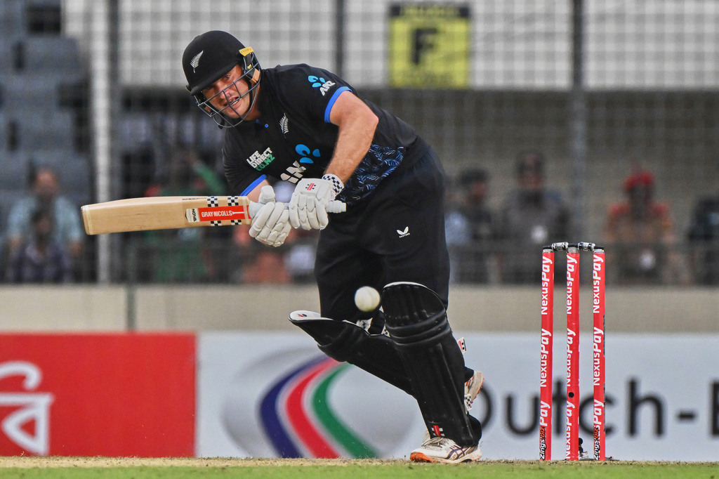 New Zealand's Dean Foxcroft plays a shot during the third T20 international cricket match between Bangladesh and New Zealand in Mirpur, Bangladesh, Saturday, May 2, 2026. (AP Photo/Mosaraf Hossain)