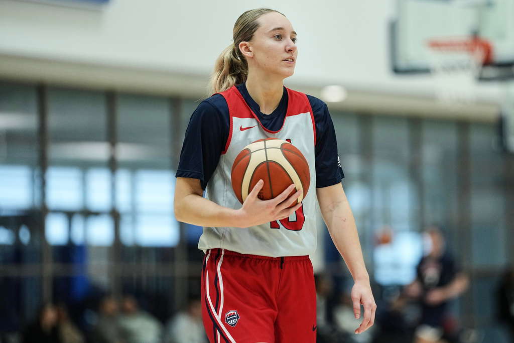 Paige Bueckers looks on during a training camp for the U.S women's national basketball team, Friday, Dec. 12, 2025, in Durham, N.C. (AP Photo/Matt Kelley)