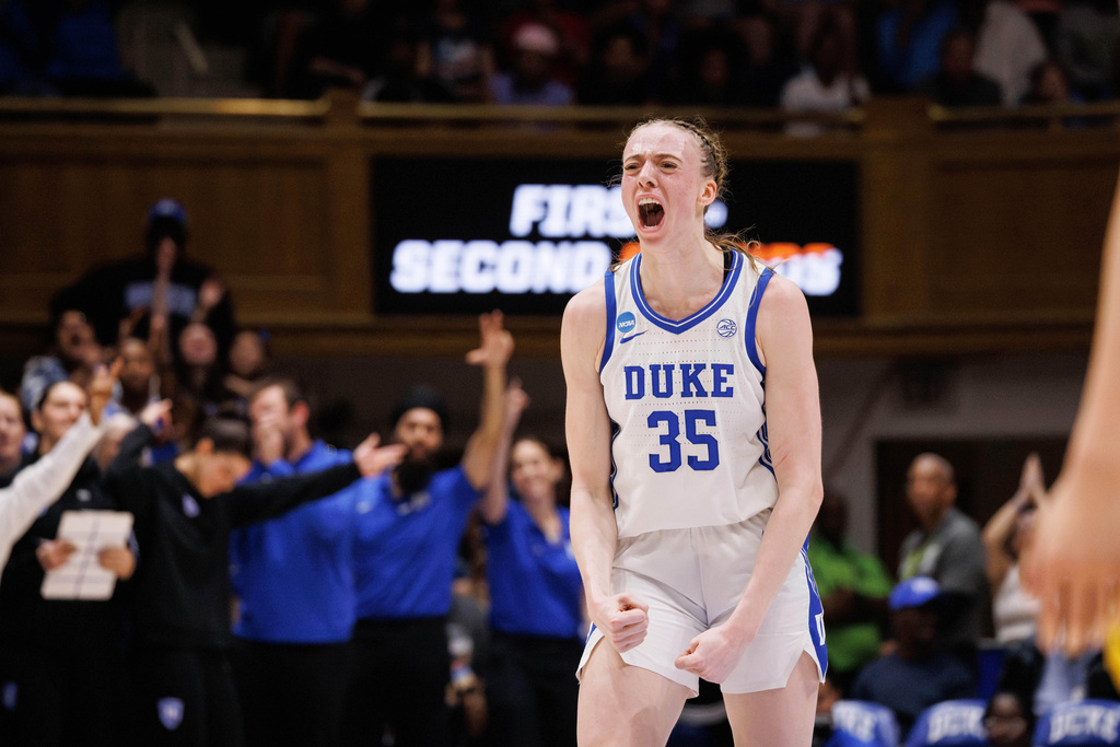 Duke's Toby Fornier (35) reacts after hitting a 3-point basket against Baylor during the first half in the second round of the NCAA college basketball tournament, Sunday, March 22, 2026 in Durham, N.C. (AP Photo/Ben McKeown)