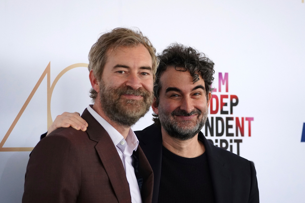 FILE - Mark Duplass, left, and Jay Duplass arrive at the Film Independent Spirit Awards Feb. 22, 2025, in Santa Monica, Calif. (Photo by Jordan Strauss/Invision/AP, File)