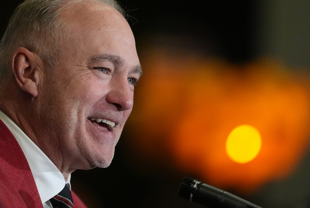 Texas Tech head coach Joey McGuire speaks at a press conference ahead of an Orange Bowl College Football Playoff quarterfinal game against Oregon, Wednesday, Dec. 31, 2025, in Dania Beach, Fla. (AP Photo/Rebecca Blackwell)