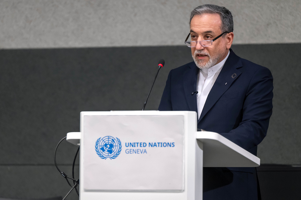 Iranian Foreign Minister Abbas Araghchi, speaks during the Conference on Disarmament, at the European headquarters of the United Nations in Geneva, Switzerland, Tuesday, Feb. 17, 2026. (Martial Trezzini/Keystone via AP)