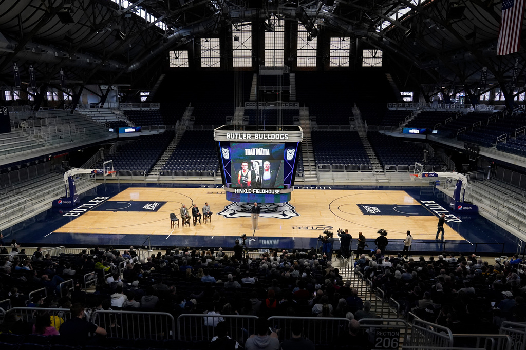 FILE - Butler's head coach Thad Matta speaks after he was introduced during an NCAA college basketball news conference at Hinkle Fieldhouse, April 6, 2022, in Indianapolis. (AP Photo/Darron Cummings, File)
