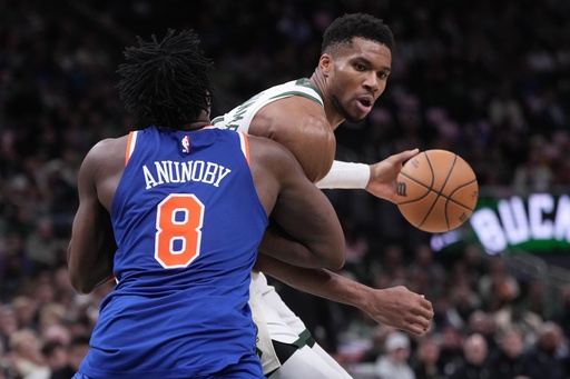 Milwaukee Bucks' Giannis Antetokounmpo tries to get past New York Knicks' OG Anunoby during the second half of an NBA basketball game Tuesday, Oct. 28, 2025, in Milwaukee. (AP Photo/Morry Gash) Milwaukee Bucks' Giannis Antetokounmpo tries to get past New York Knicks' OG Anunoby during the second half of an NBA basketball game Tuesday, Oct. 28, 2025, in Milwaukee. (AP Photo/Morry Gash)