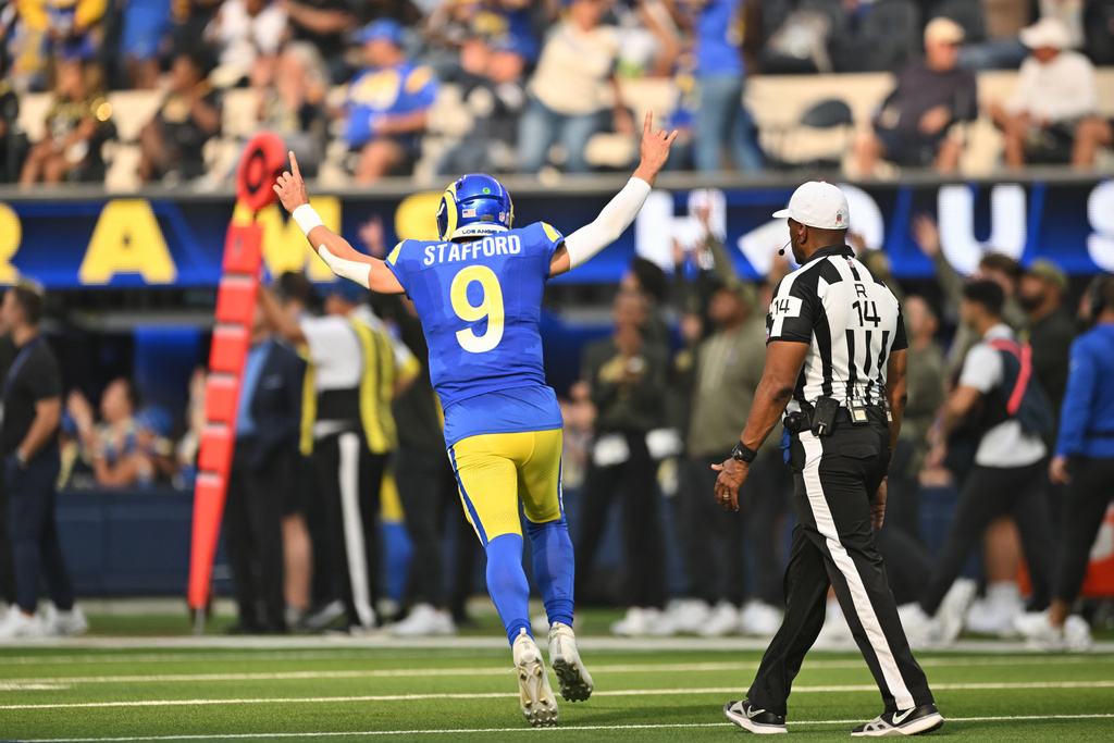 Los Angeles Rams quarterback Matthew Stafford (9) celebrates a touchdown pass against the New Orleans Saints in the first half of an NFL football game Sunday, Nov. 2, 2025, in Inglewood, Calif. (AP Photo/Katie Chin)