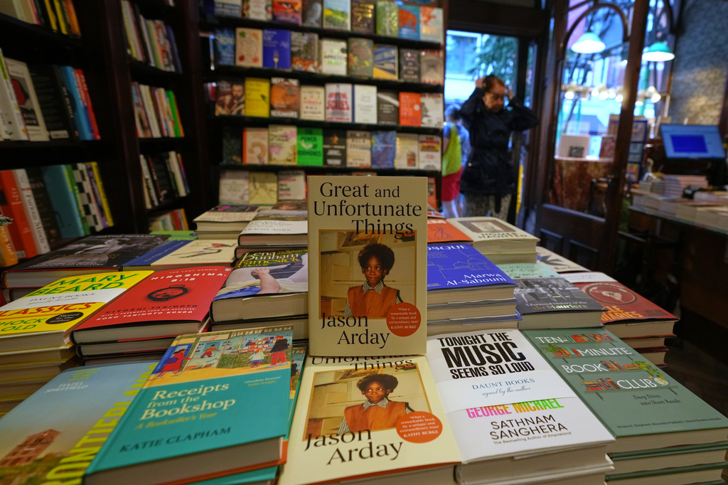 Former Cambridge Professor Jason Arday's memoir, "Great and Unfortunate Things" is on display at a book shop in London, Thursday, Aug. 27, 2026. (AP Photo/Frank Augstein)