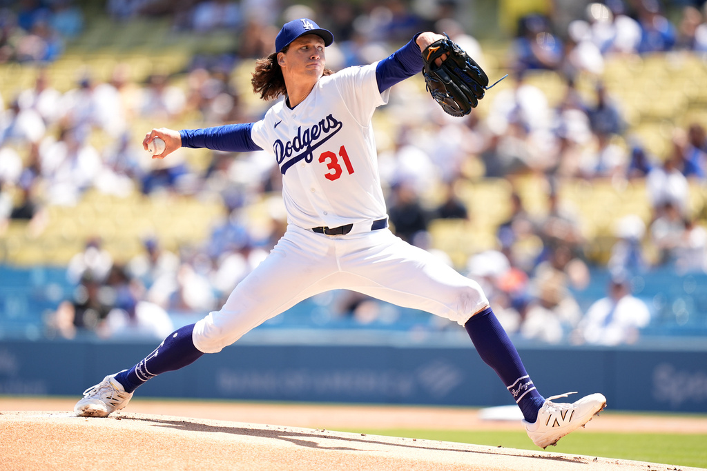 Los Angeles Dodgers' Tyler Glasnow (31) pitches against the Miami Marlins in the first inning of a baseball game Wednesday, April 29, 2026, in Los Angeles. (AP Photo/Scott Strazzante)