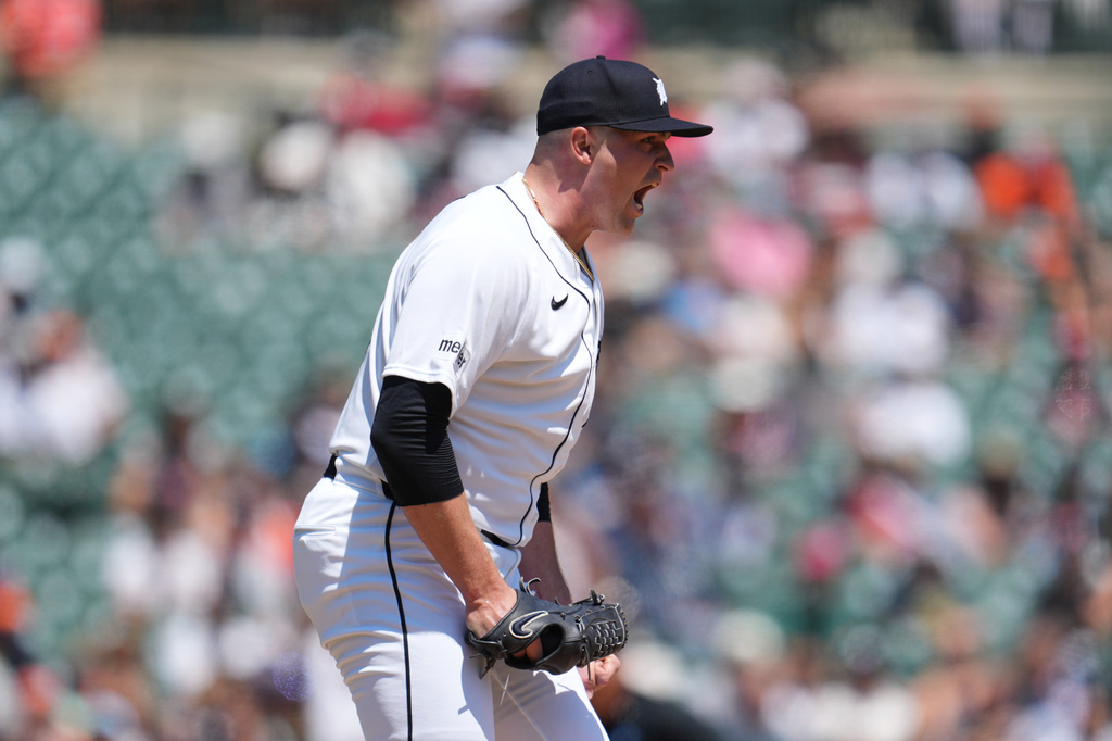 Detroit Tigers pitcher Tarik Skubal reacts to striking out Philadelphia Phillies' Kyle Schwarber to end the fifth inning Sunday, July 12, 2026, in Detroit. (AP Photo/Paul Sancya)