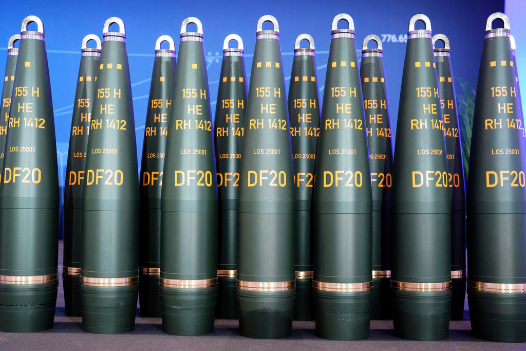 FILE - Artillery shells of German arms manufacturer Rheinmetall are displayed in Unterluess, Germany, Wednesday, Aug. 27, 2025. (AP Photo/Markus Schreiber, File)