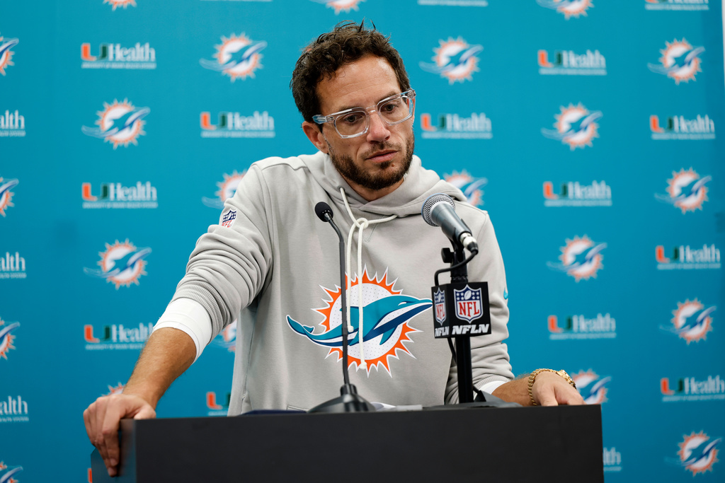 Miami Dolphins head coach Mike McDaniel speaks during a news conference after an NFL football game against the Carolina Panthers, Sunday, Oct. 5, 2025, in Charlotte, N.C. (AP Photo/Rusty Jones)