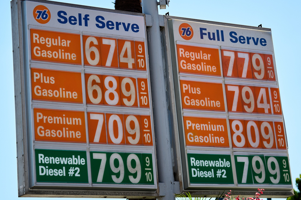 Full Serve gas prices reach $8.09 US Dollar at a gas station in Beverly Hills, Calif., Tuesday, April 14, 2026. (AP Photo/Damian Dovarganes)